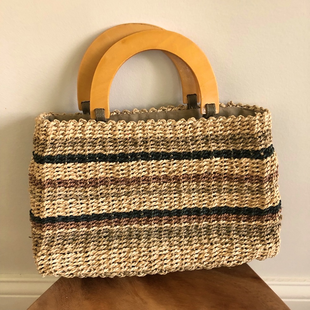 Faded Glory Lined Straw Purse with Wood Handles - OS